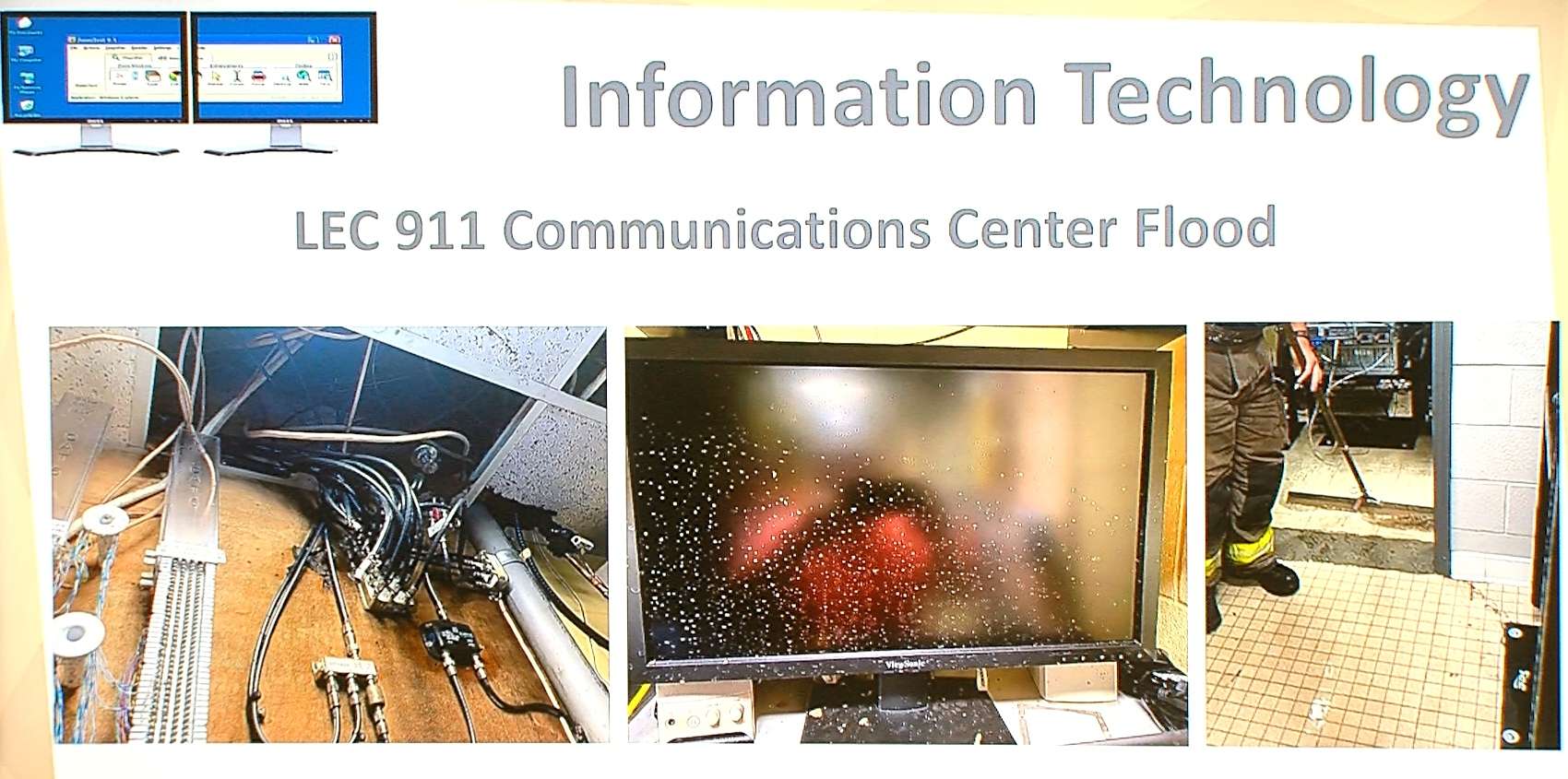 Emergency management employees for the city of Hays and Ellis County are reviewing the possibility of installing a permanent 911 emergency dispatch backup system in the basement of the county's fire/EMS building. Accidental flooding from a fire sprinker head Aug. 2 forced temporary implementation of the backup system in the Hays Fire Dept. (Photos courtesy city of Hays) 