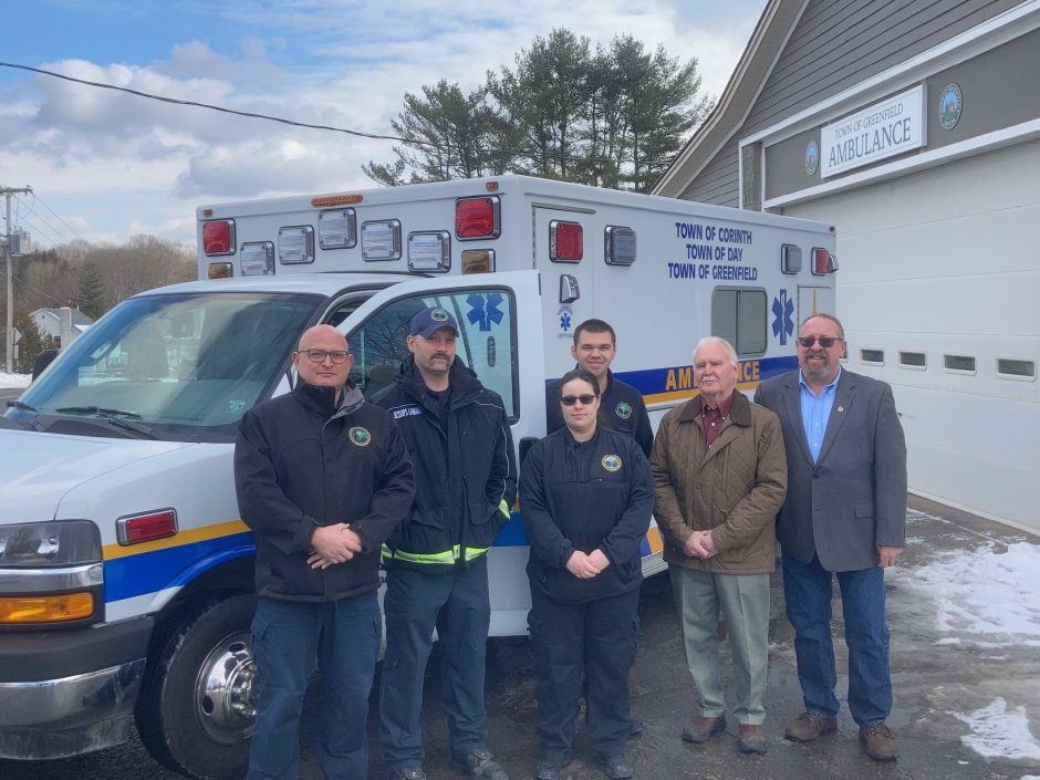 From left: Paramedics Elmer Santiago and Ken Brooks and EMTs Tiffany Lucia and Jordan Beadnell join recently retired Greenfield Supervisor Daniel Pemrick and current Greenfield Supervisor Kevin Veitch outside the new Greenfield Ambulance building on Tuesday, Jan. 25, 2022.